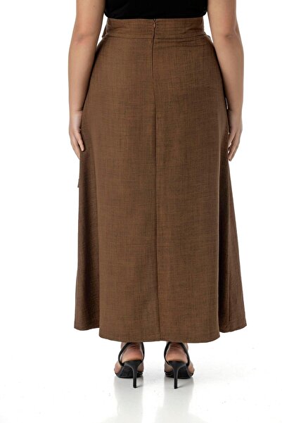 DISENTIS MODEST Plus Size Front Slit Ornamental Lacing Detail Bag Pocket Brown Midi Skirt