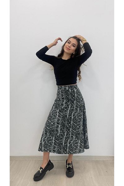 MODA Women's Anthracite Waist Elastic Suede Textured Bell Skirt
