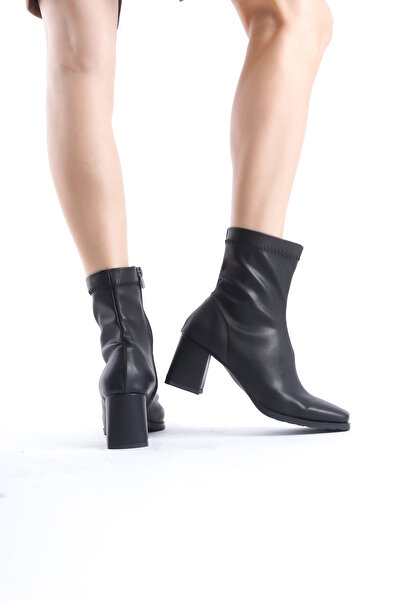 Moda Değirmeni Μαύρο δέρμα Γυναικεία Stretch Skin Μπροστινά τετράγωνα πλαϊνά μποτάκια με φερμουάρ BG1001-116-0009