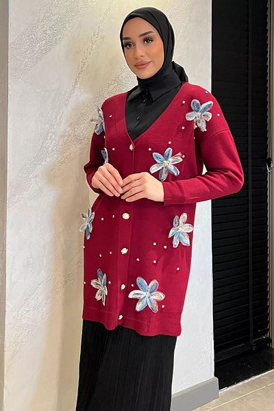 julude Claret Red Stone Λεπτομερής φλοράλ κεντημένη ζακέτα Hijab Knitwear