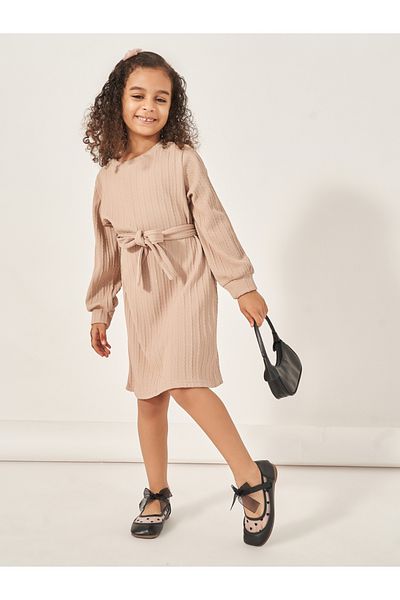Styli Striped Knit Long Sleeves Dress with Tie-Up Belt