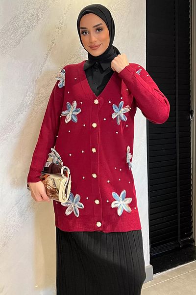 julude Claret Red Stone Λεπτομερής φλοράλ κεντημένη ζακέτα Hijab Knitwear
