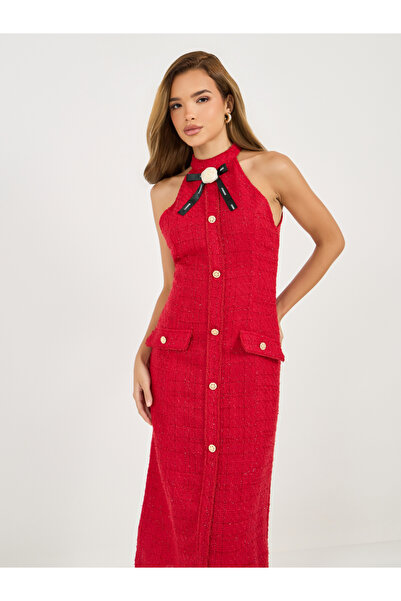 Styli Tweed Halter Neck Sheath Midi Dress with Bow Detail