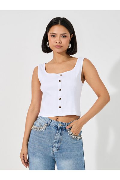 Styli Square Neck Knit Top with Broad Straps