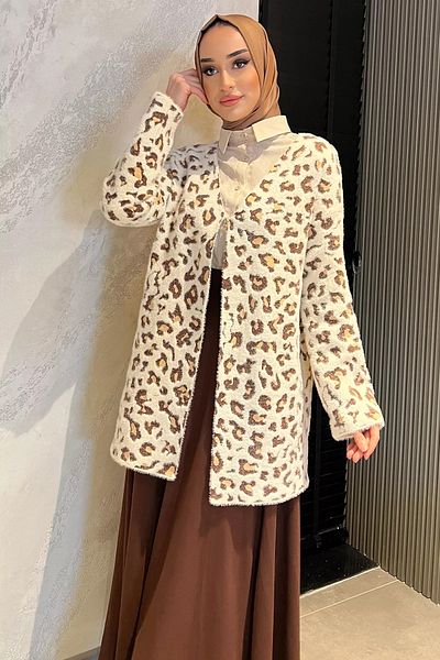 julude Cardigan din tricot hijab cu barbă cu model leopard crem