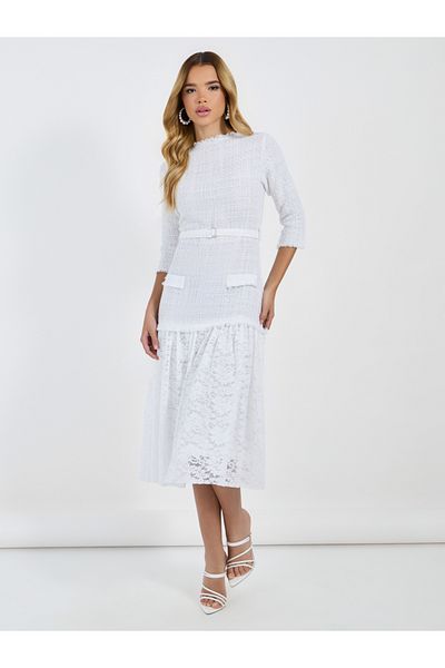 Styli Lace Insert 3/4th Sleeves A-Line Midi Dress