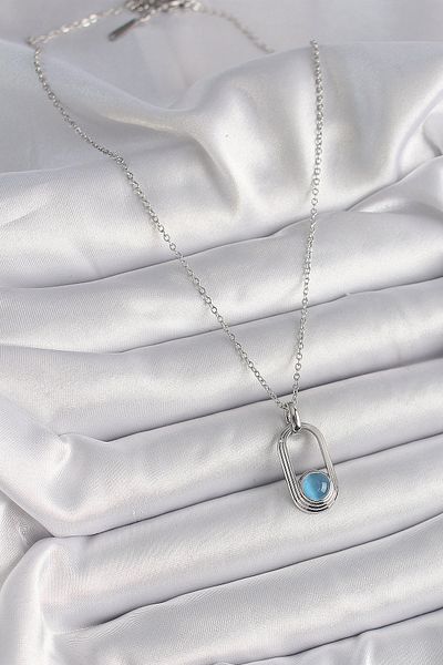 Mu Art Ahşap 316L Steel Silver Color Chain Blue Cat Eye Model Women's Necklace