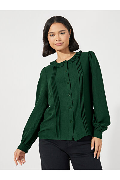 Styli Ruffled Collar Balloon Sleeves Blouse with Pintuck Detail