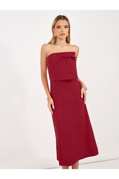 Styli Bardot Neck A-Line Midi Dress with Bow Detail