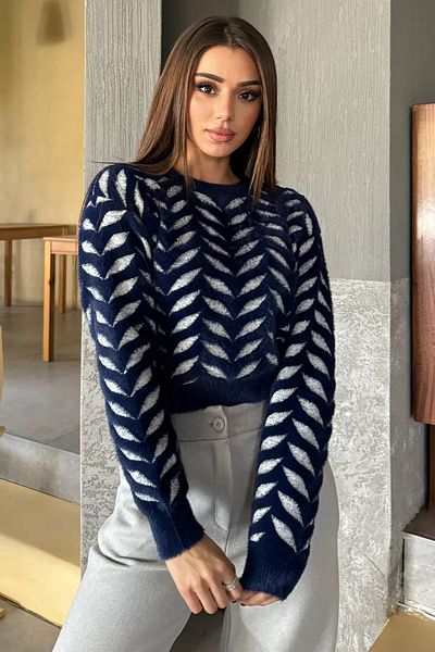 GÜLSELİ Navy Blue Crew Neck Patterned Soft Yarn Croptop Women's Knitwear Sweater