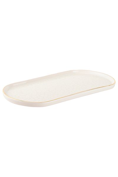 Tantitoni React Cream Color Gold Gilled Thin Ceramic Rectangular Presentation Plate 27cm