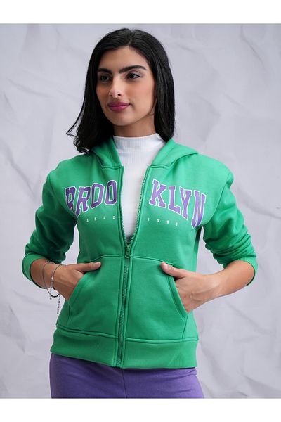 Tokyo Talkies By Styli Zipper Front Printed Hooded Sweatshirt
