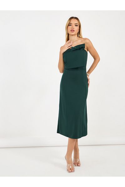 Styli Bardot Neck A-Line Midi Dress with Bow Detail