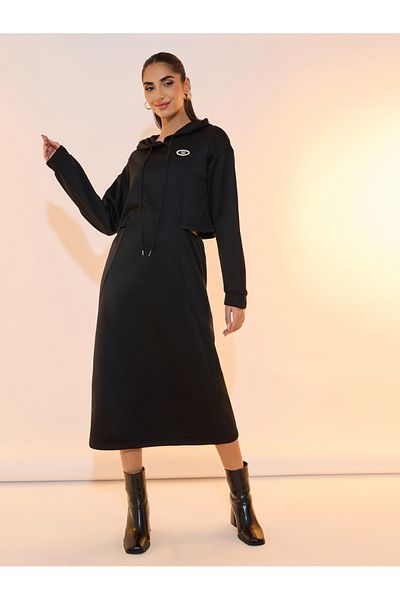 Take Two By Styli Solid Patch Detail Hooded Midi Dress