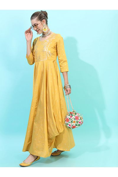 Vishudh By Styli Foil Panel Print 3/4 Sleeves A-Line Ethnic Maxi Dresses