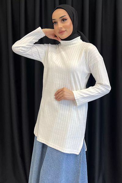 julude White Half Turtleneck Slit Hijab Tunic