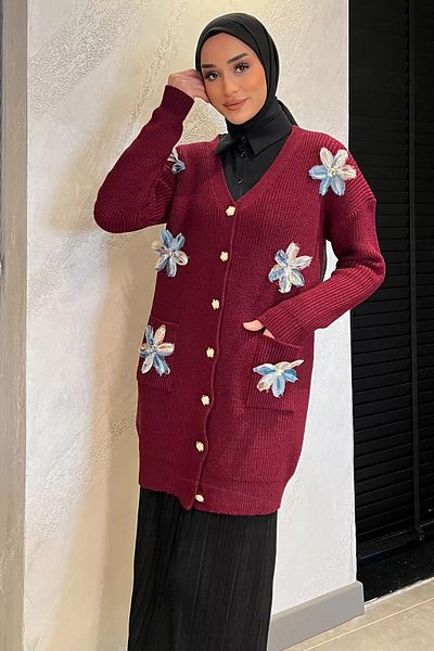 julude Claret Red Floral Hijab Knitwear Ζακέτα