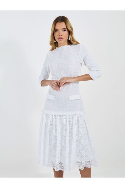 Styli Lace Insert 3/4th Sleeves A-Line Midi Dress