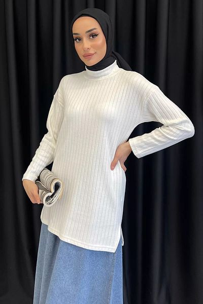 julude White Half Turtleneck Slit Hijab Tunic