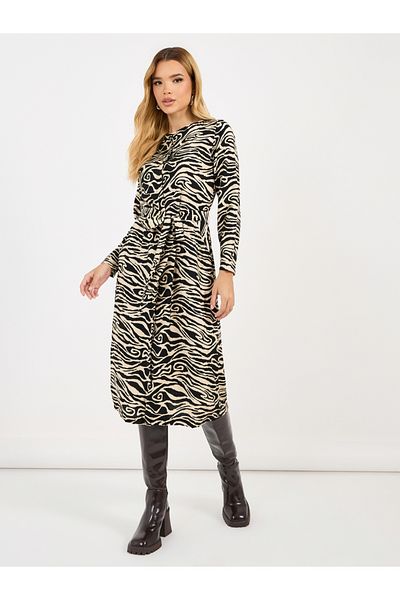 Styli Animal Print A-Line Midi Dress with Tie Belt