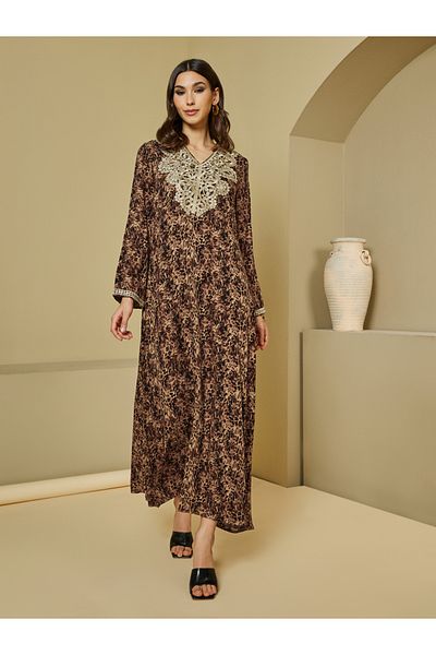 Styli Leopard Print Jalabiya with Golden Lace Detail