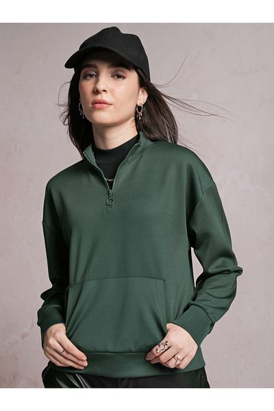 Tokyo Talkies By Styli Solid High Neck Sweatshirt with Half Zip Closure