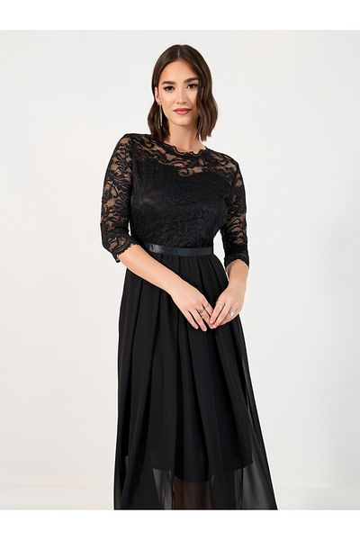 Styli Lace Insert 3/4th Sleeves A-Line Midi Dress