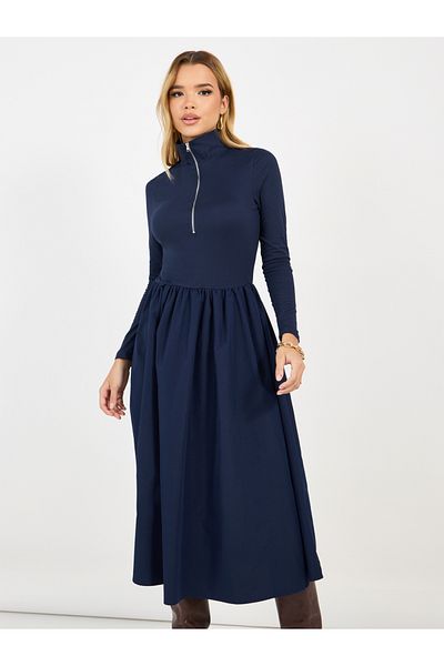Styli Half Zip Placket Detail A-Line Midi Dress