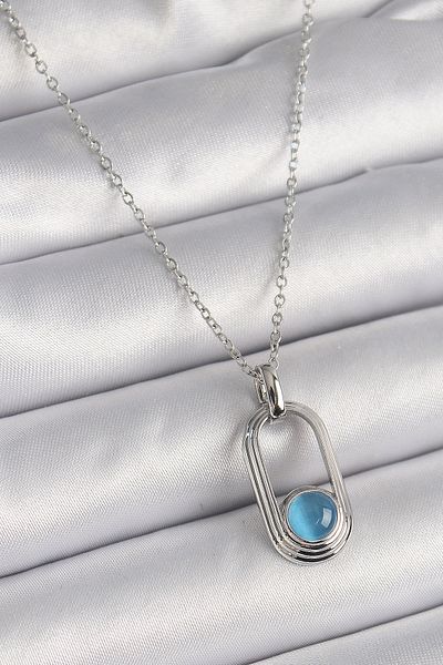 Mu Art Ahşap 316L Steel Silver Color Chain Blue Cat Eye Model Women's Necklace