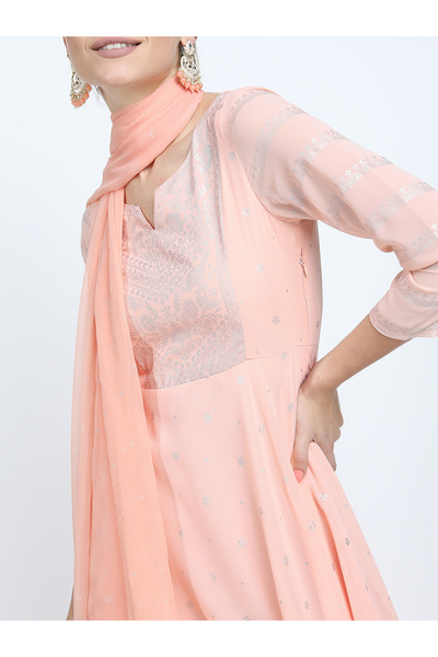 Vishudh By Styli Foil Print 3/4 Sleeves Ethnic Maxi Dress with Dupatta