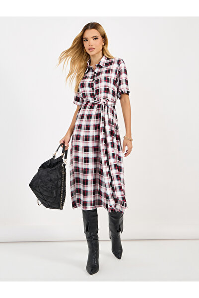 Styli Checked Shirt Midi Dress with Tie Belt