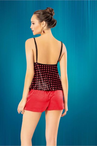 Cooqpoo Negru Mărimea S-M-L-XL Set de pijamale din satin cu buline roșii și pantaloni scurți cu bretele subțiri