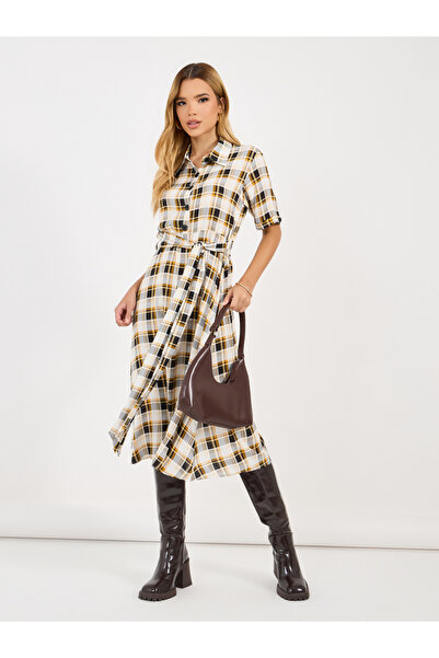 Styli Checked Shirt Midi Dress with Tie Belt