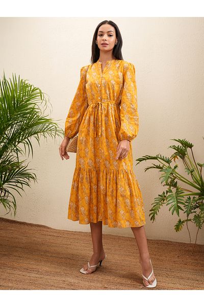 Vishudh By Styli Floral Print Bishop Sleeve Fit & Flare Midi Dress