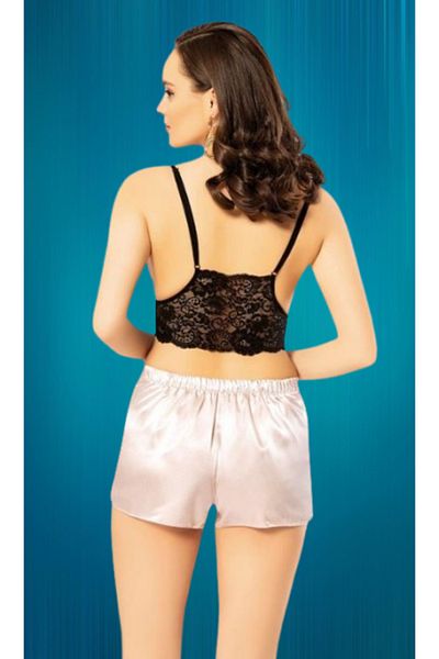 Cooqpoo Powder S-M-L-Xl Size Black Lace Bustier Thin Straps Shorts Satin Pajamas Set