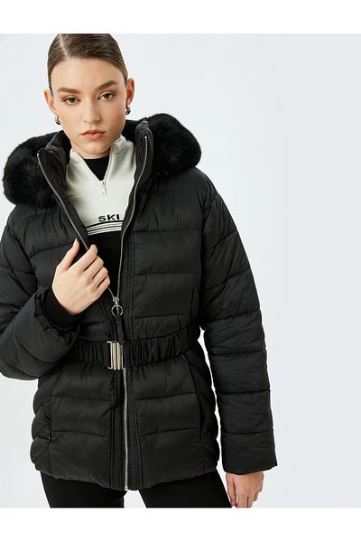 Koton Water Repellent Hooded Puffer Coat with Pockets and Belted Collar and Faux Fur Detail