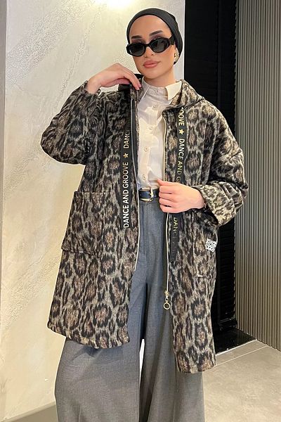 julude Μπουφάν Hijab με φερμουάρ με κουκούλα Leopard