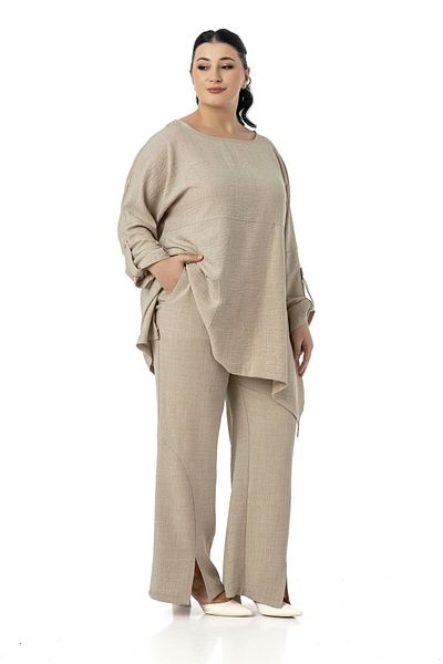 DISENTIS MODEST Bluză cu croială relaxată de mărime mare, pantaloni, culoare bej, costum din două piese