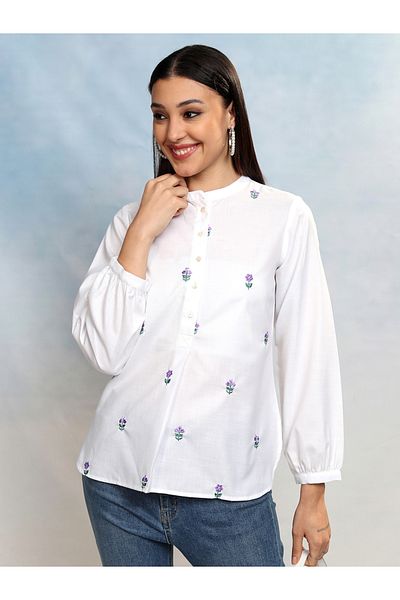 Vishudh By Styli Floral Embroidered Mandarin Collar Shirt Style Top