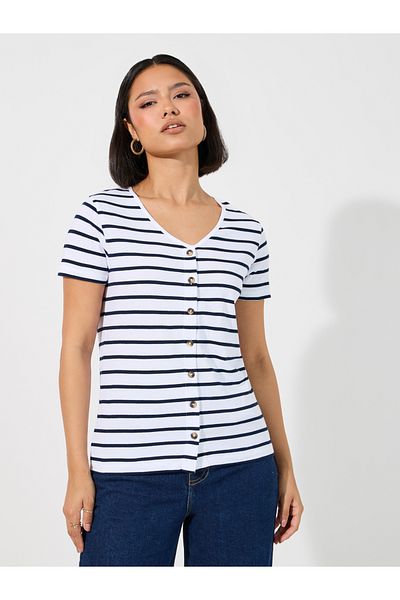 Styli Striped Knit Top with Button Placket