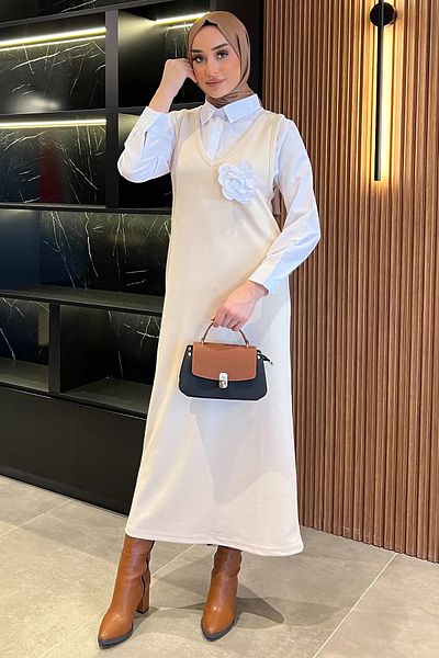 julude Πέτρινο Γυναικείο Πουκάμισο Hijab Gilet Συνδυαστικό Φόρεμα