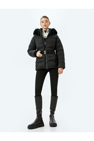 Koton Water Repellent Hooded Puffer Coat with Pockets and Belted Collar and Faux Fur Detail