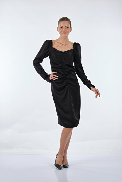 SEÇİL Seçil Мінімалістична сукня з атласу - довгі рукави - для щоденного носіння та особливих випадків