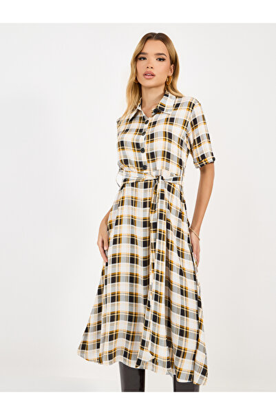 Styli Checked Shirt Midi Dress with Tie Belt