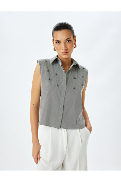 Koton Classic Neckline Beadwork Detailed Striped Sleeveless Shirt
