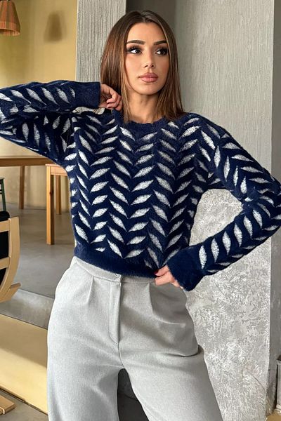 GÜLSELİ Navy Blue Crew Neck Patterned Soft Yarn Croptop Women's Knitwear Sweater