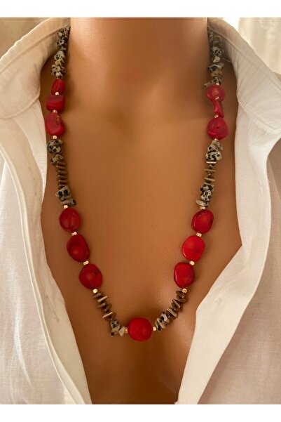TARZ-I TAKI Natural Stone Red Flat Real Coral Stone & Speckled Gray Jasper St...