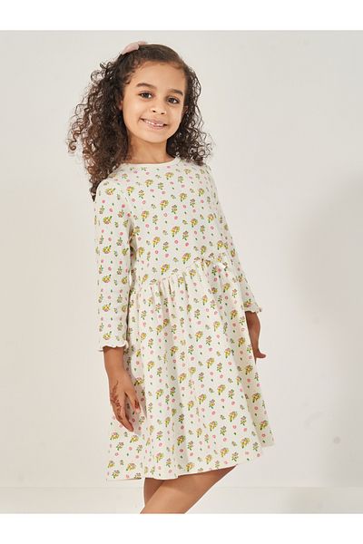 Styli All-Over Floral Print Rib Knit Knee Length Dress