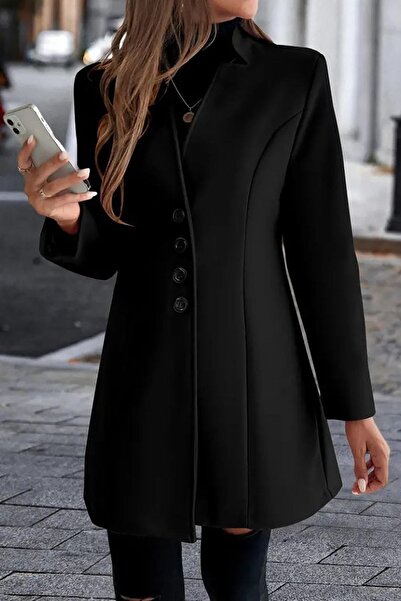 Deafox Black Long Sleeve Swallow Collar Front Button Short Stamp Coat