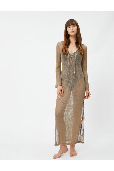 Koton Διαφανές φόρεμα παραλίας Slim Fit μακρυμάνικο με λεπτομέρεια σχισμής V ...